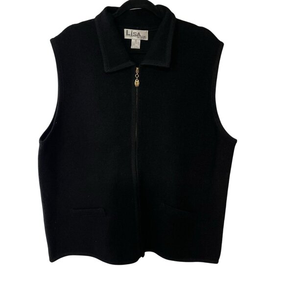 VTG Lisa International Women's Vest  Boiled Wool Black Full Zip 90s Classic 2X - Picture 2 of 8